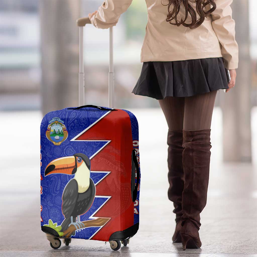 Costa Rica Toucan Luggage Cover Red and Blue with National Seal and Tropical Bird Graphic TS04
