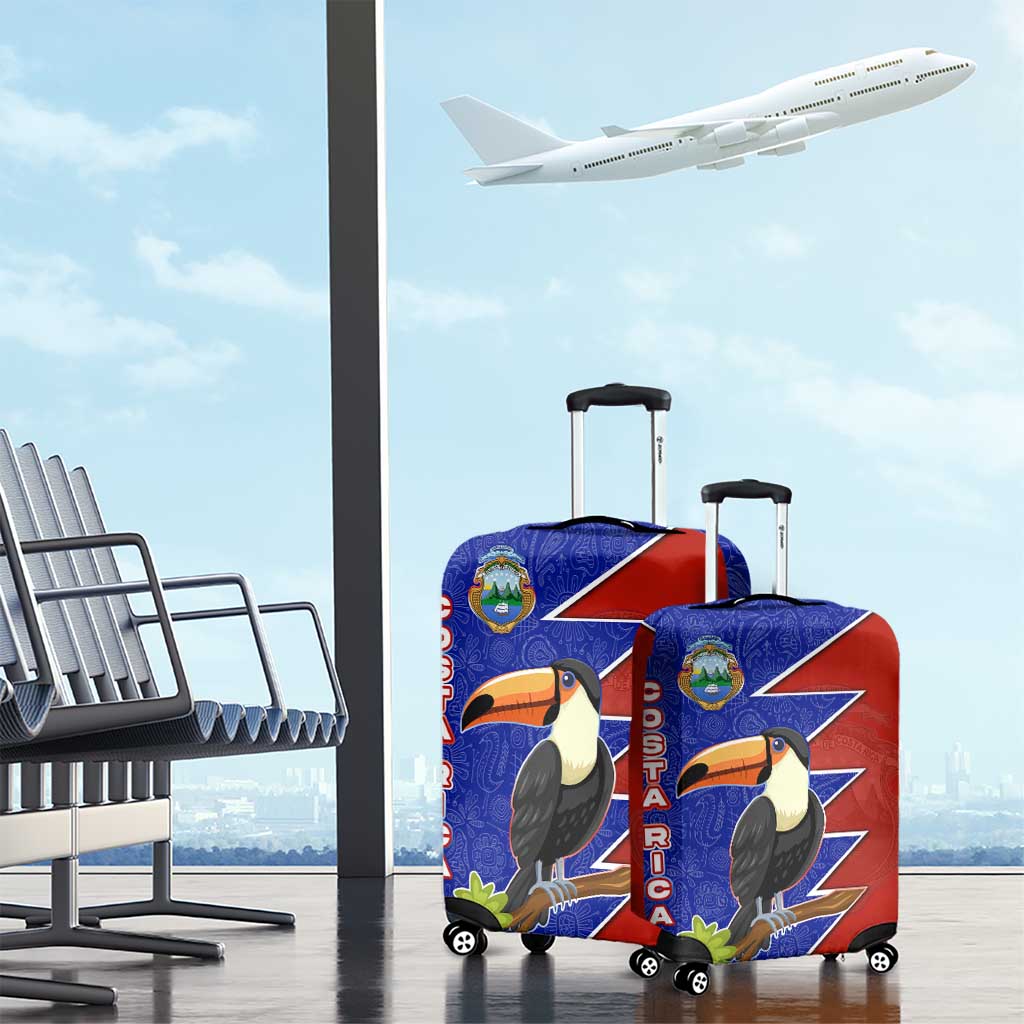 Costa Rica Toucan Luggage Cover Red and Blue with National Seal and Tropical Bird Graphic TS04