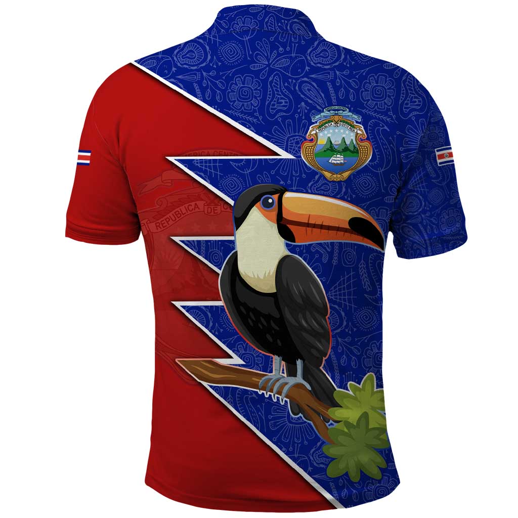 Costa Rica Toucan Polo Shirt Red and Blue with National Seal and Tropical Bird Graphic TS04