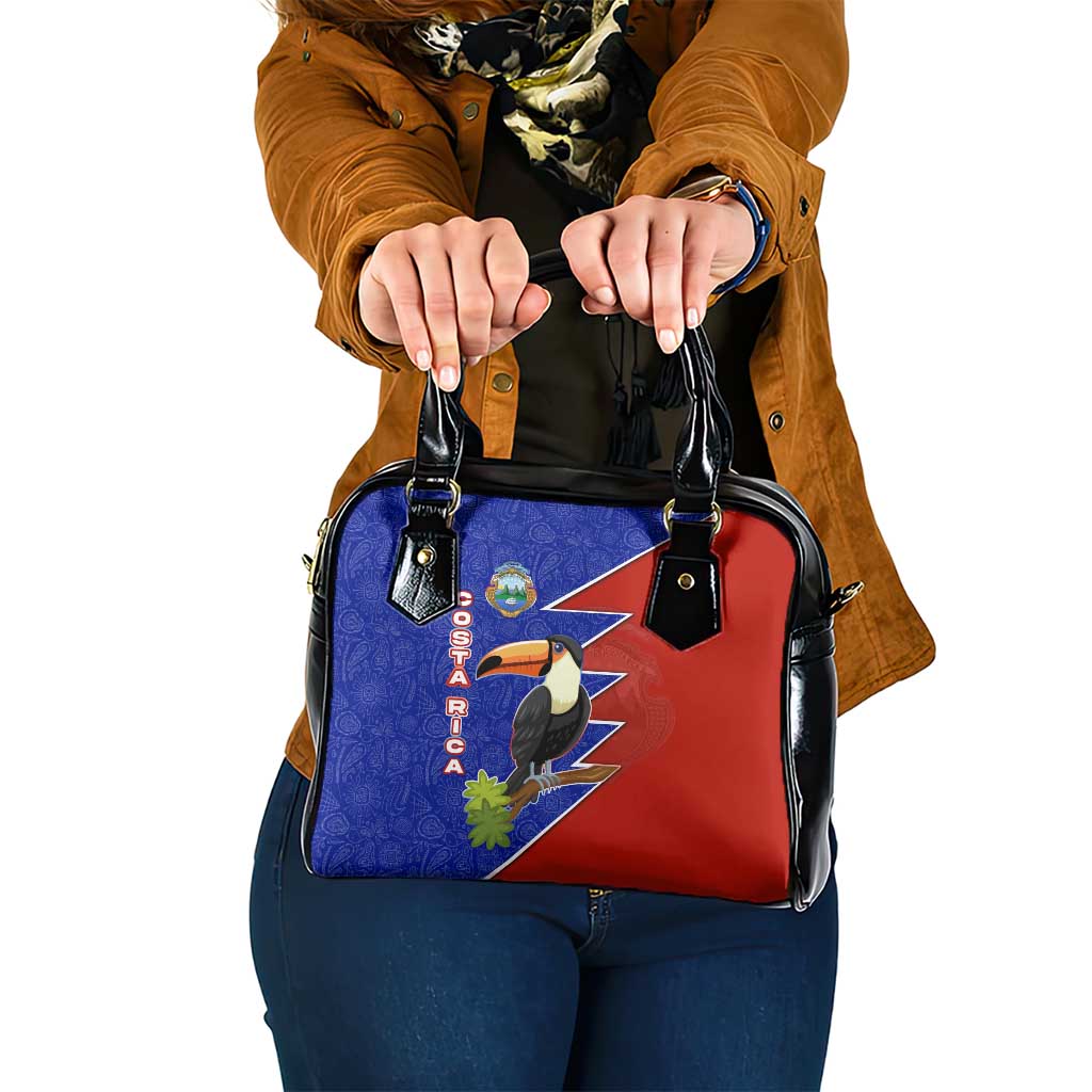 Costa Rica Toucan Shoulder Handbag Red and Blue with National Seal and Tropical Bird Graphic TS04