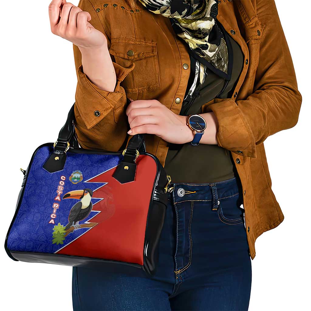 Costa Rica Toucan Shoulder Handbag Red and Blue with National Seal and Tropical Bird Graphic TS04