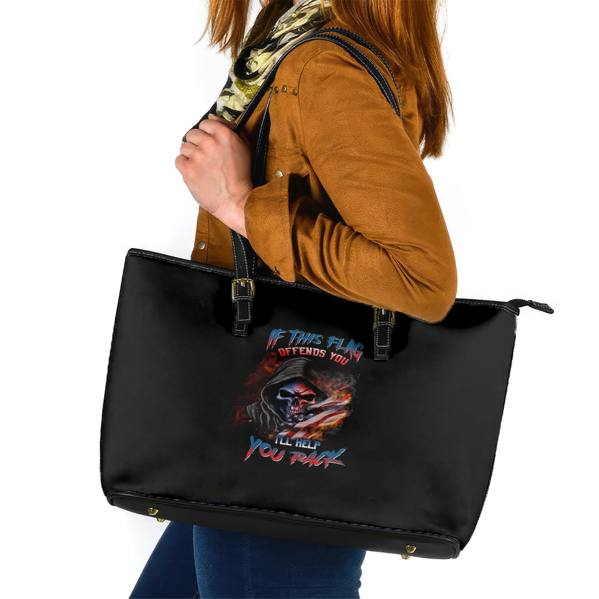 If This Flag Offends You I'll Help You Pack Skull Leather Tote Bag TS04