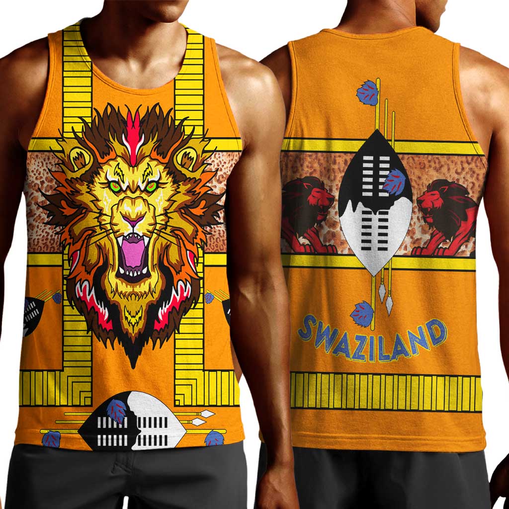 Swaziland Eswatini Men Tank Top Lion Shield and Leopard Print Tribal Design TS04