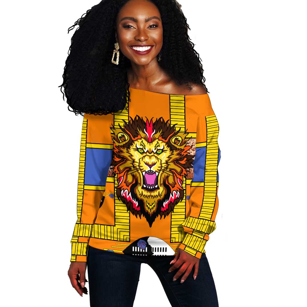 Swaziland Eswatini Off Shoulder Sweater Lion Shield and Leopard Print Tribal Design TS04