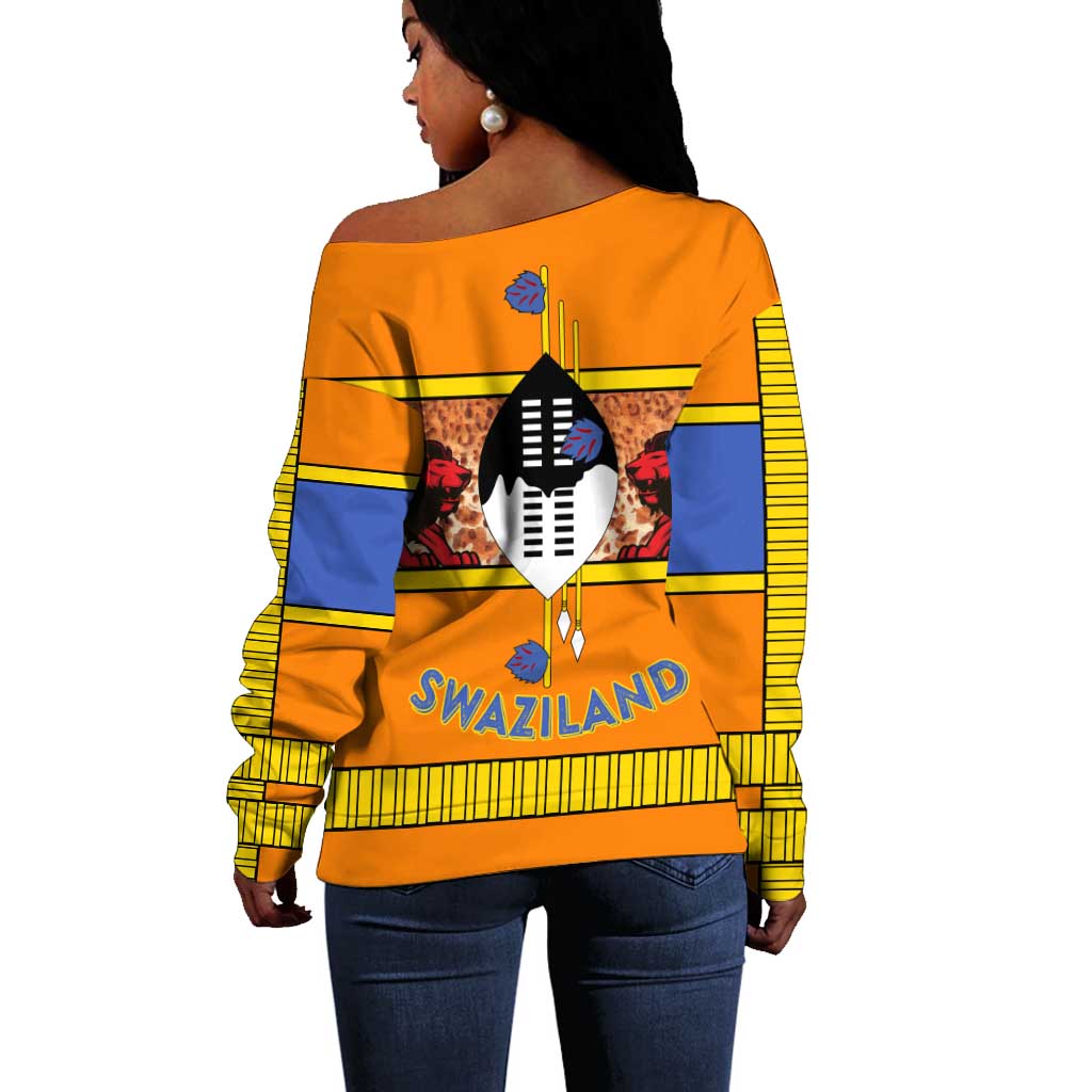 Swaziland Eswatini Off Shoulder Sweater Lion Shield and Leopard Print Tribal Design TS04