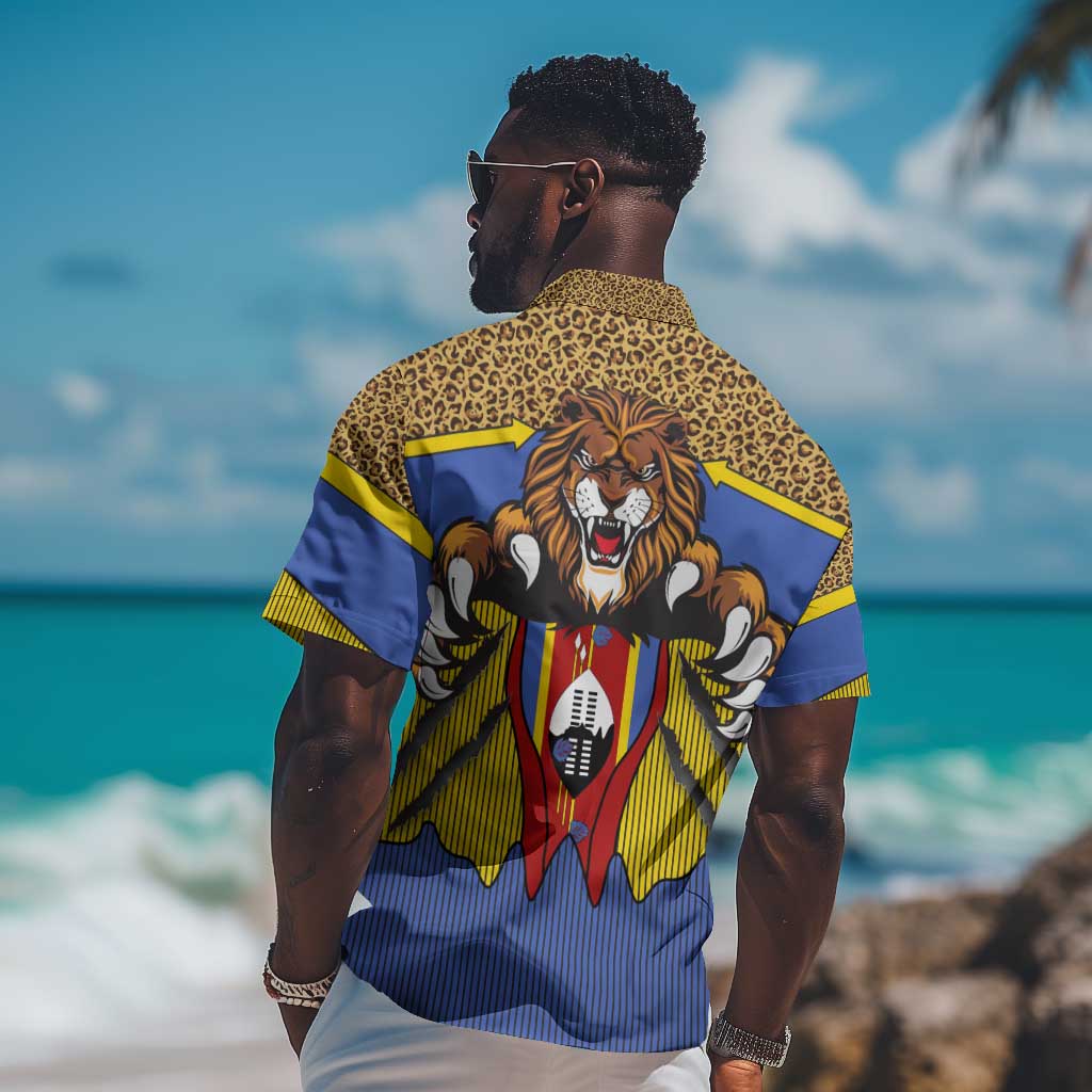 Swaziland Eswatini Hawaiian Shirt Coat of Arms Lion Elephant Shield Leopard Print Design TS04
