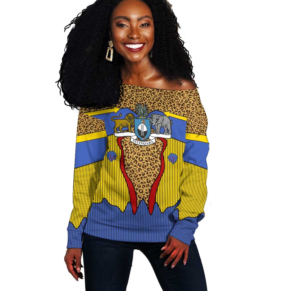 Swaziland Eswatini Off Shoulder Sweater Coat of Arms Lion Elephant Shield Leopard Print Design TS04