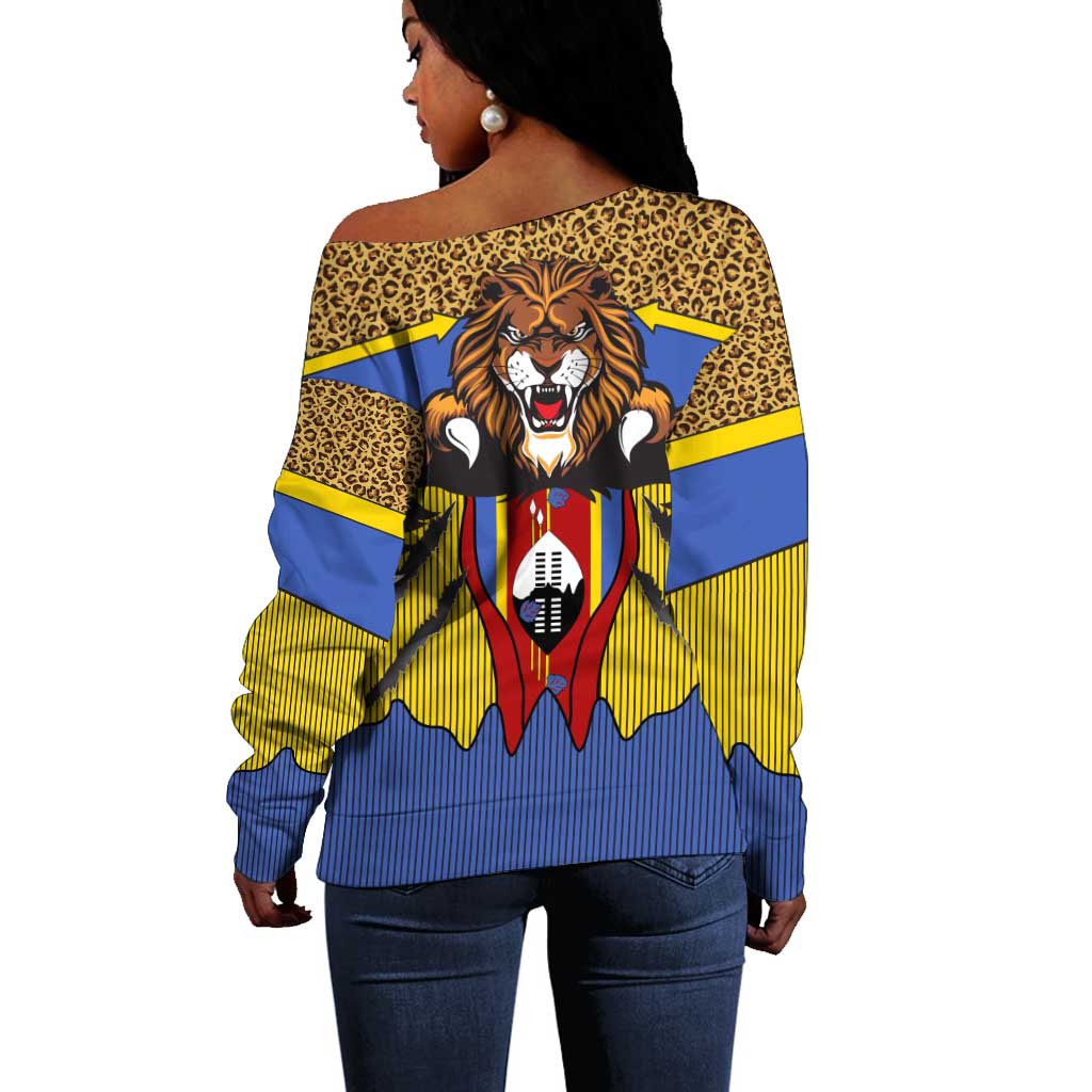 Swaziland Eswatini Off Shoulder Sweater Coat of Arms Lion Elephant Shield Leopard Print Design TS04
