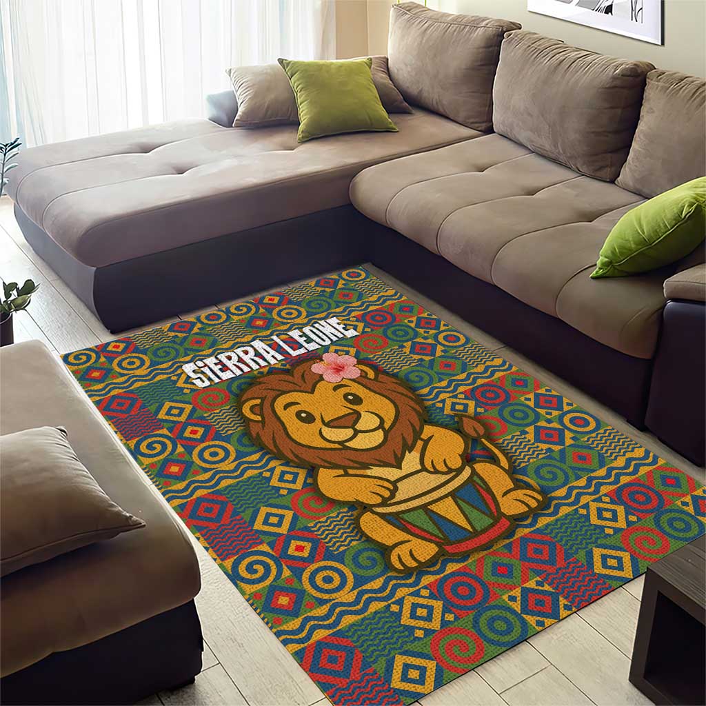 Sierra Leone Area Rug - Cute Lion Playing Djembe Drum and Tribal Pattern Design TS04