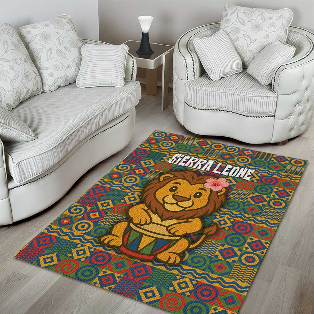 Sierra Leone Area Rug - Cute Lion Playing Djembe Drum and Tribal Pattern Design TS04