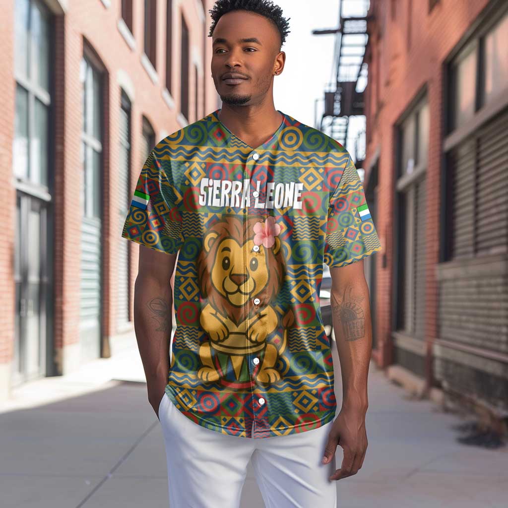 Sierra Leone Baseball Jersey - Cute Lion Playing Djembe Drum and Tribal Pattern Design TS04