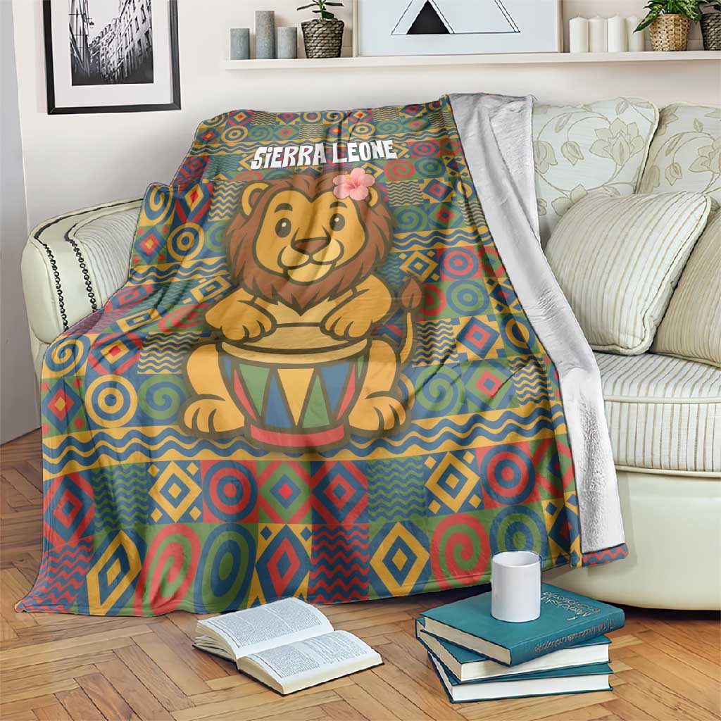 Sierra Leone Blanket - Cute Lion Playing Djembe Drum and Tribal Pattern Design TS04