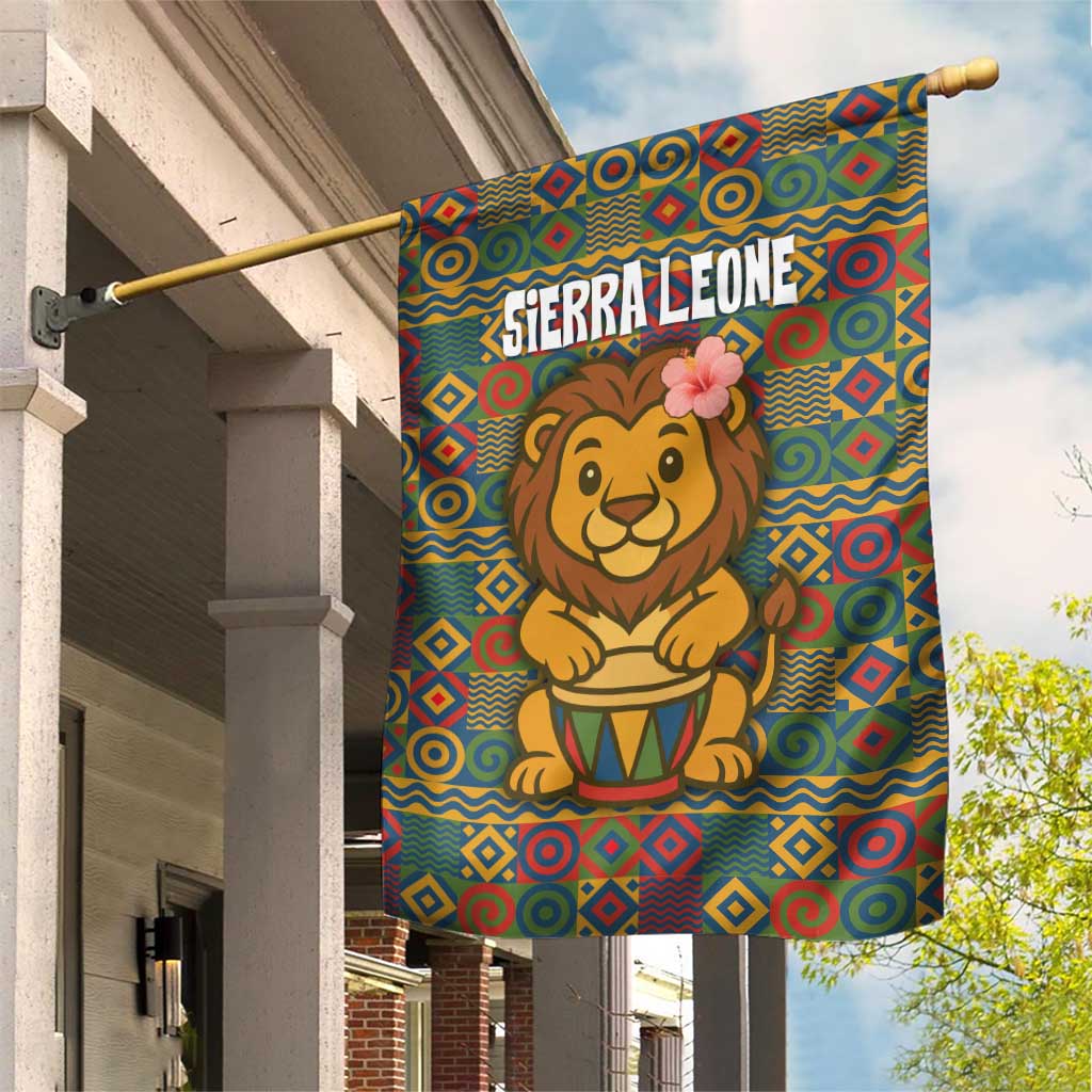 Sierra Leone Garden Flag - Cute Lion Playing Djembe Drum and Tribal Pattern Design TS04