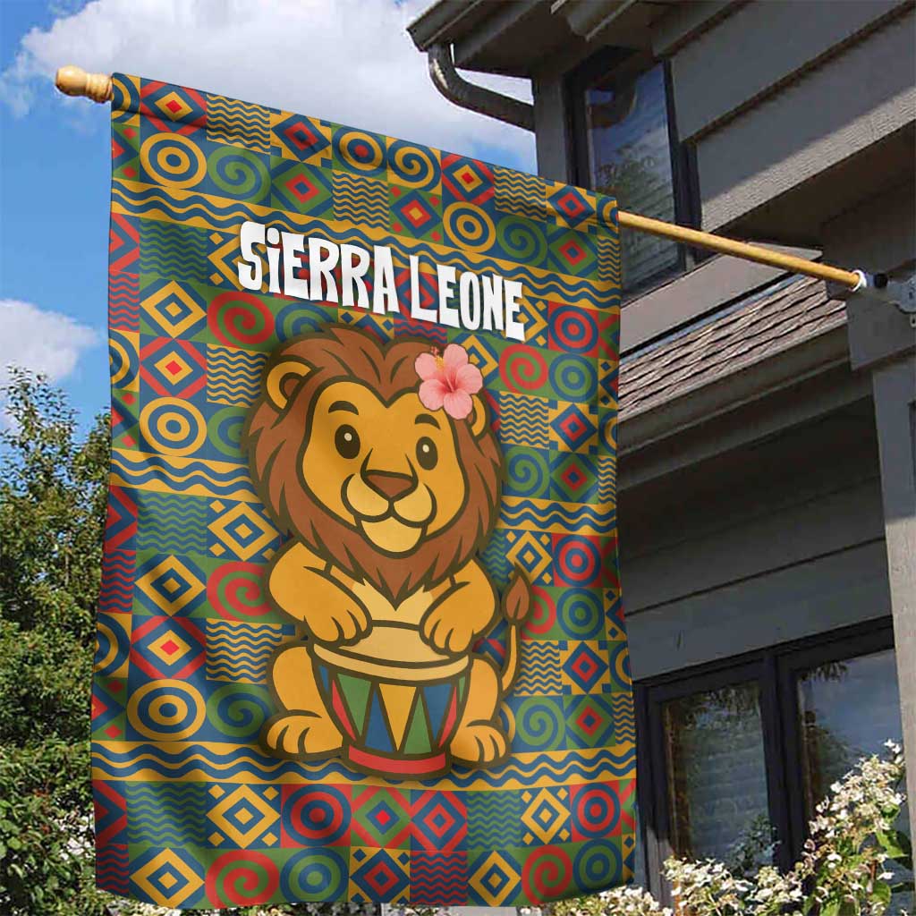 Sierra Leone Garden Flag - Cute Lion Playing Djembe Drum and Tribal Pattern Design TS04