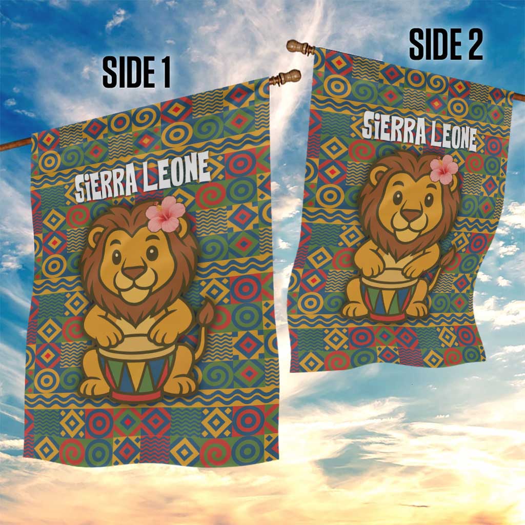 Sierra Leone Garden Flag - Cute Lion Playing Djembe Drum and Tribal Pattern Design TS04