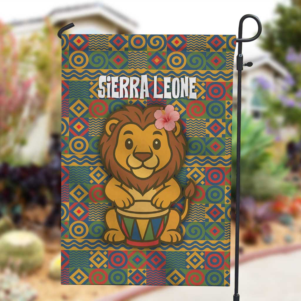 Sierra Leone Garden Flag - Cute Lion Playing Djembe Drum and Tribal Pattern Design TS04