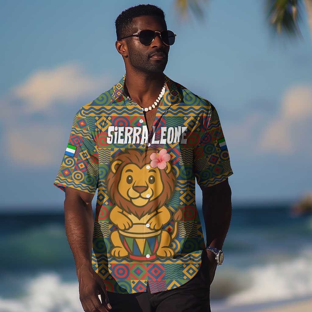 Sierra Leone Hawaiian Shirt - Cute Lion Playing Djembe Drum and Tribal Pattern Design TS04