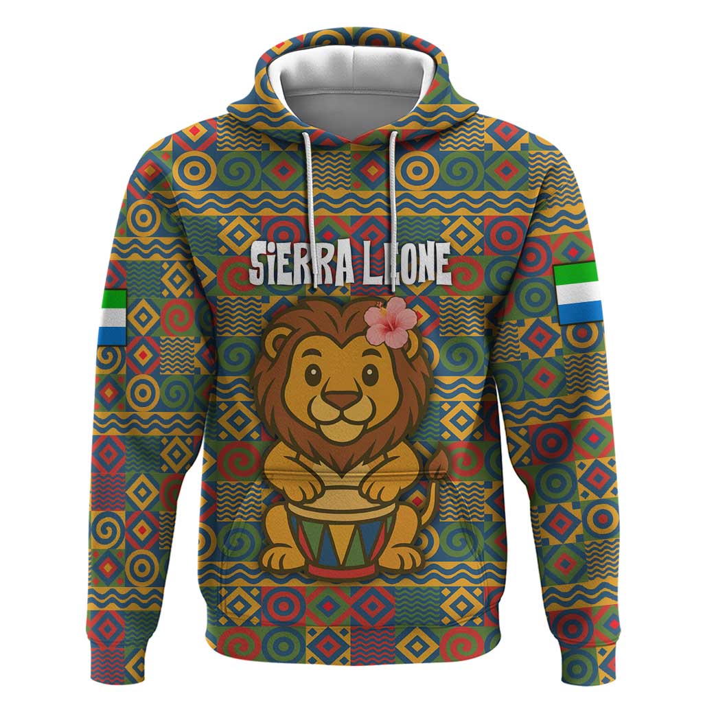 Sierra Leone Hoodie with Cute Lion Playing Djembe Drum and Tribal Pattern Design TS04