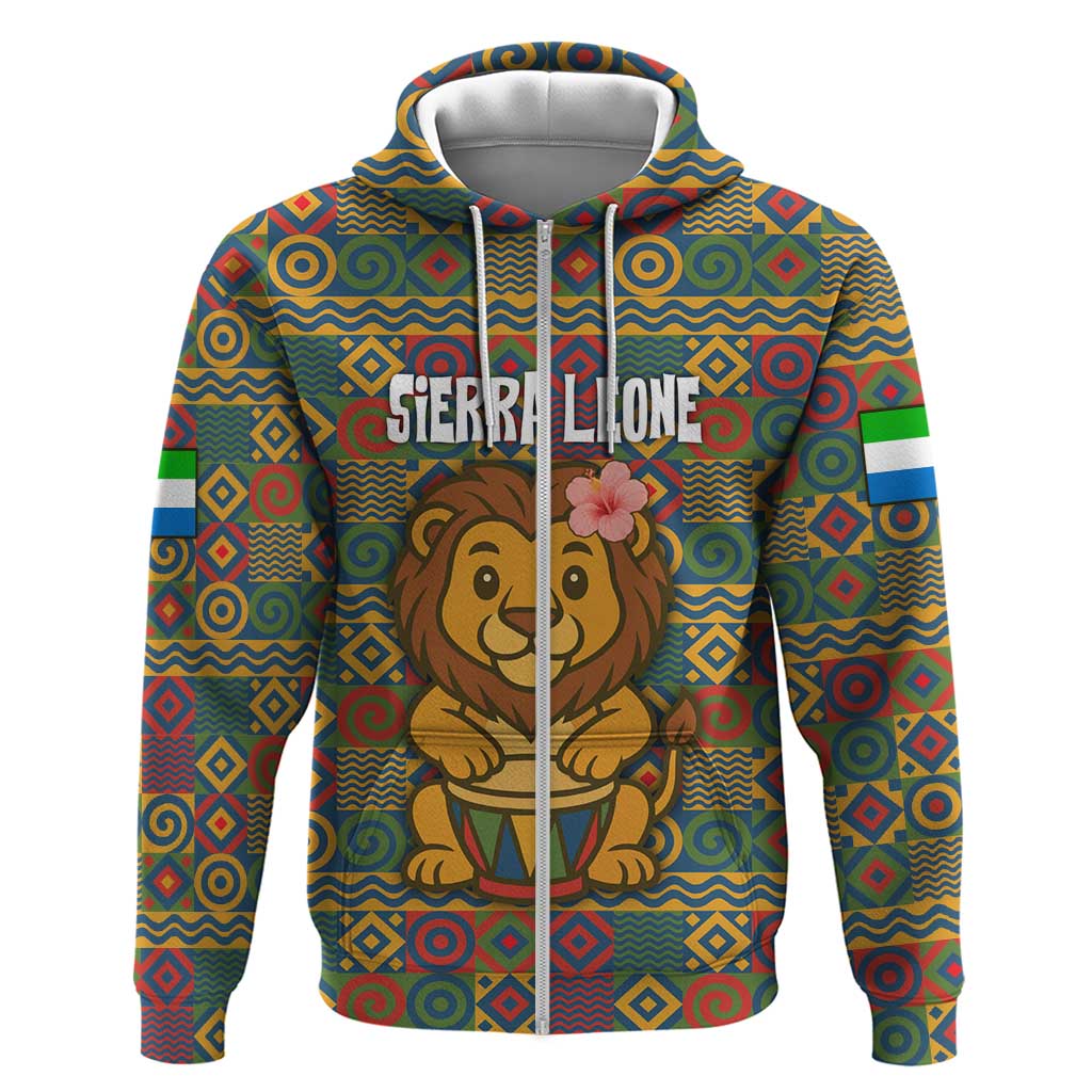 Sierra Leone Hoodie with Cute Lion Playing Djembe Drum and Tribal Pattern Design TS04