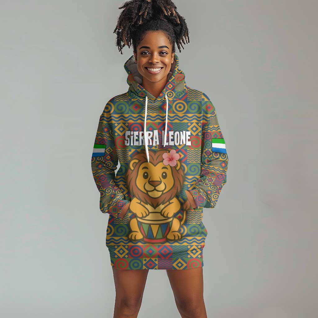 Sierra Leone Hoodie Dress - Cute Lion Playing Djembe Drum and Tribal Pattern Design TS04