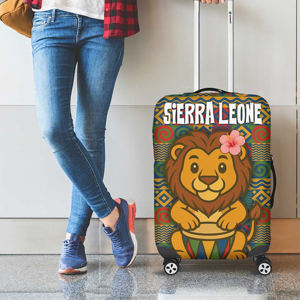 Sierra Leone Luggage Cover with Cute Lion Playing Djembe Drum and Tribal Pattern Design TS04