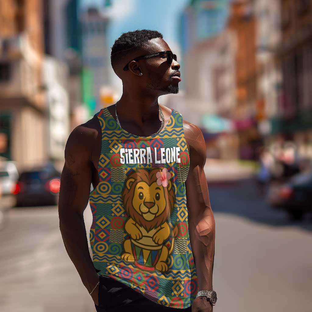 Sierra Leone Men Tank Top - Cute Lion Playing Djembe Drum and Tribal Pattern Design TS04