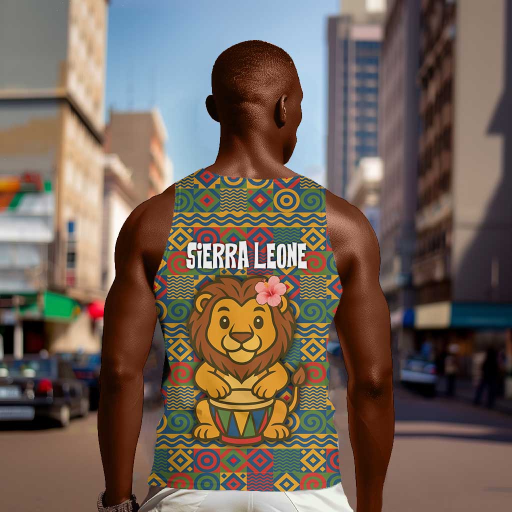 Sierra Leone Men Tank Top - Cute Lion Playing Djembe Drum and Tribal Pattern Design TS04