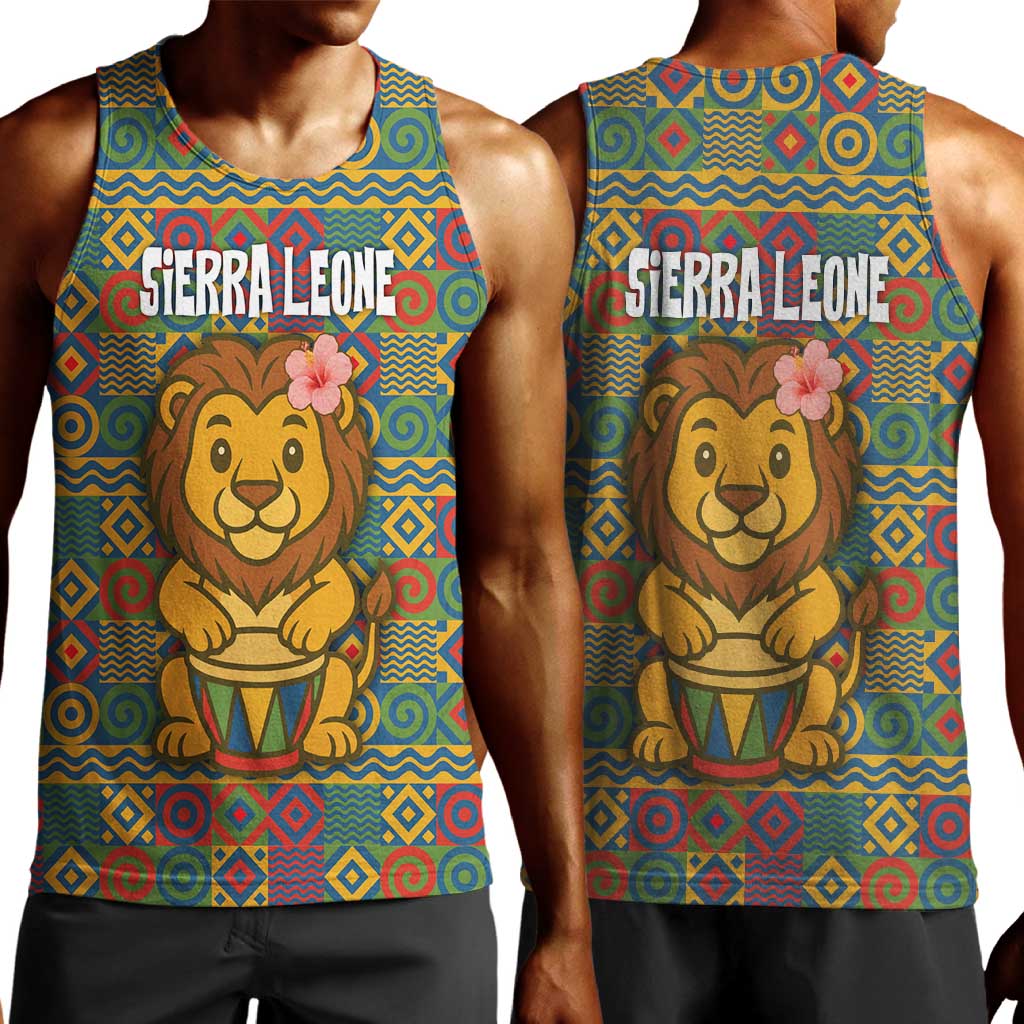Sierra Leone Men Tank Top - Cute Lion Playing Djembe Drum and Tribal Pattern Design TS04