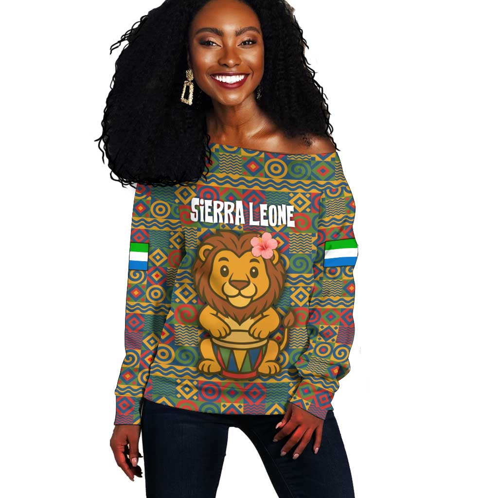 Sierra Leone Off Shoulder Sweater - Cute Lion Playing Djembe Drum and Tribal Pattern Design TS04