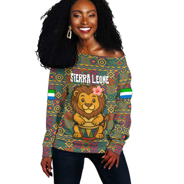 Sierra Leone Off Shoulder Sweater - Cute Lion Playing Djembe Drum and Tribal Pattern Design TS04