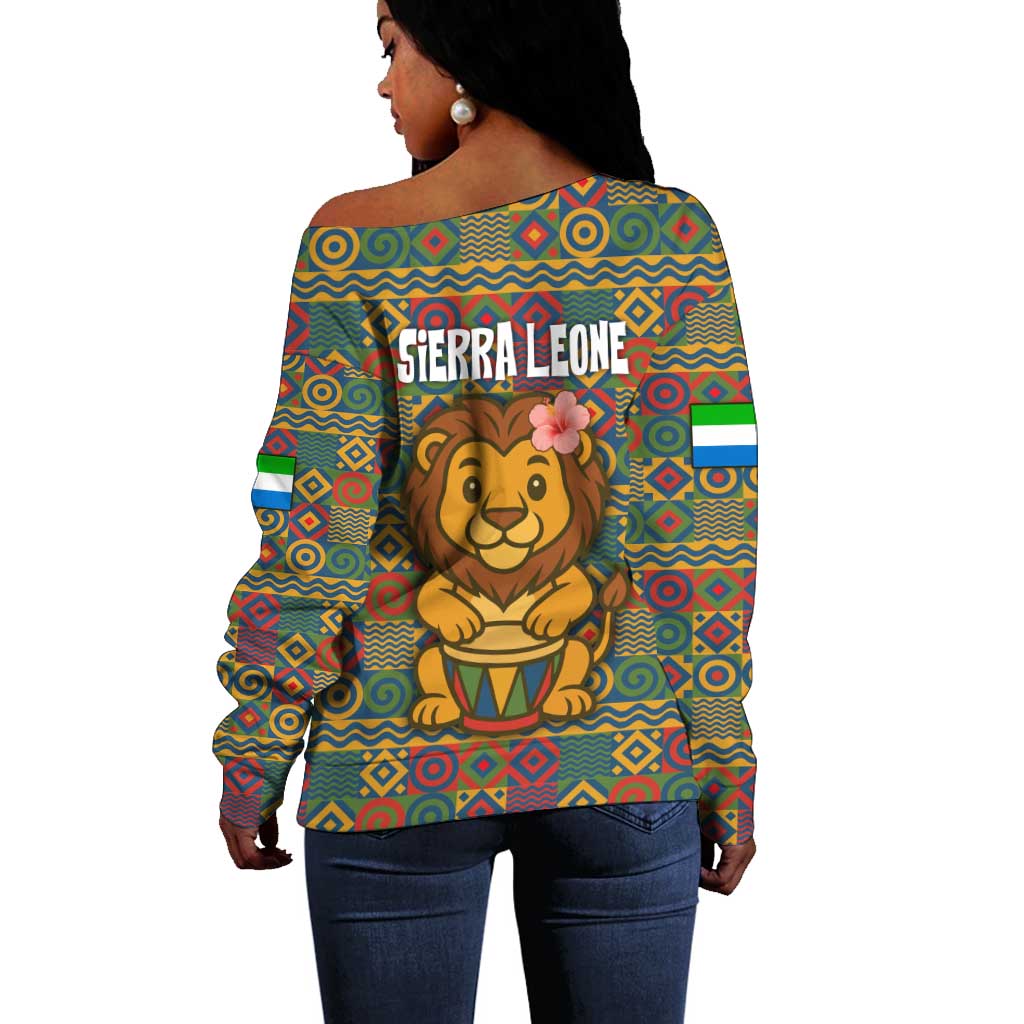 Sierra Leone Off Shoulder Sweater - Cute Lion Playing Djembe Drum and Tribal Pattern Design TS04