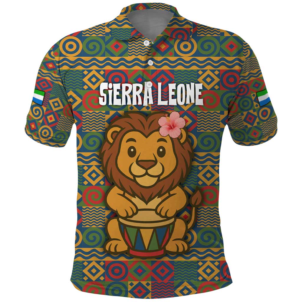 Sierra Leone Polo Shirt with Cute Lion Playing Djembe Drum and Tribal Pattern Design TS04
