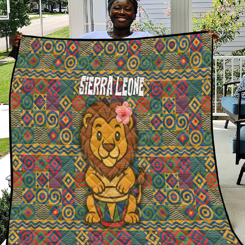 Sierra Leone Quilt - Cute Lion Playing Djembe Drum and Tribal Pattern Design TS04
