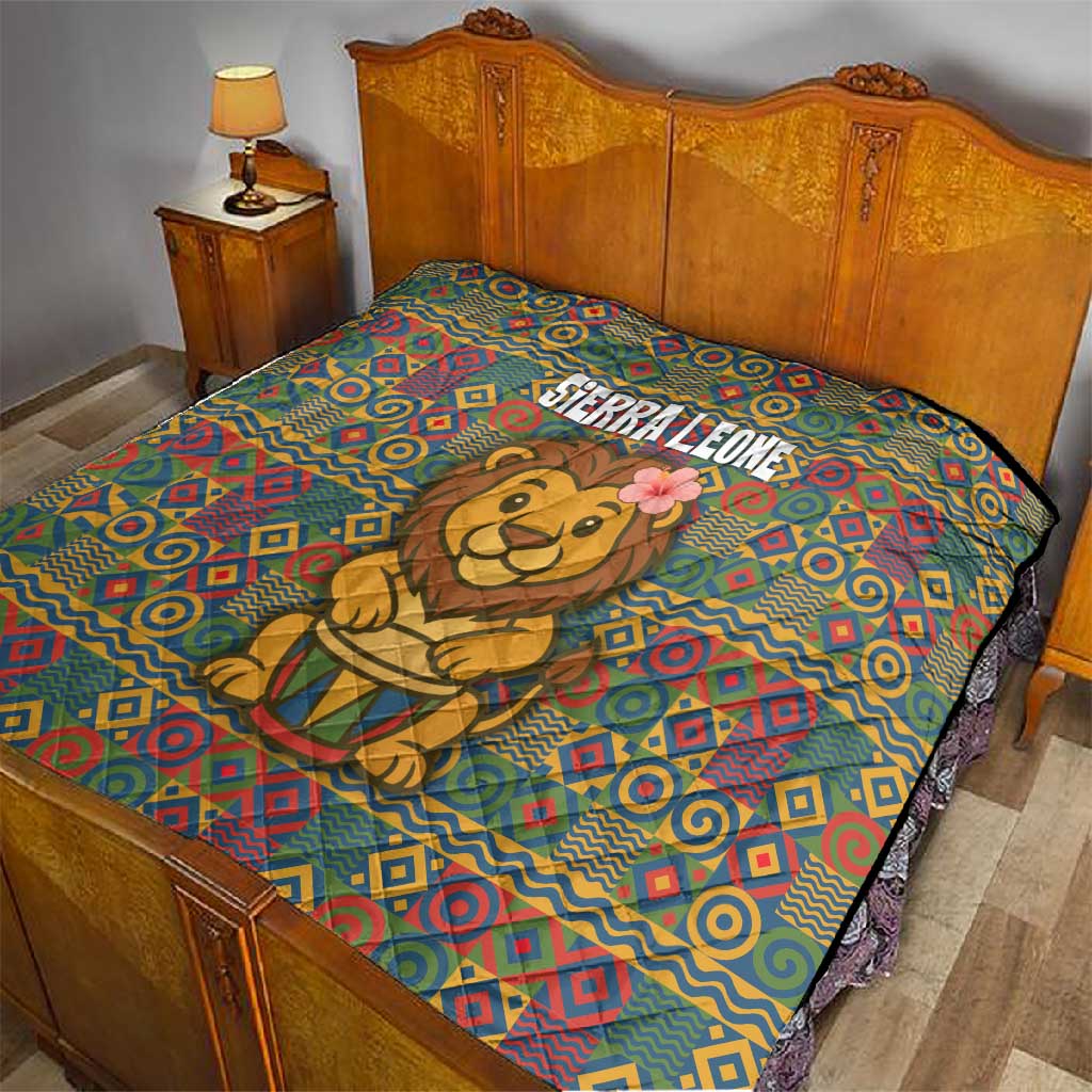 Sierra Leone Quilt - Cute Lion Playing Djembe Drum and Tribal Pattern Design TS04