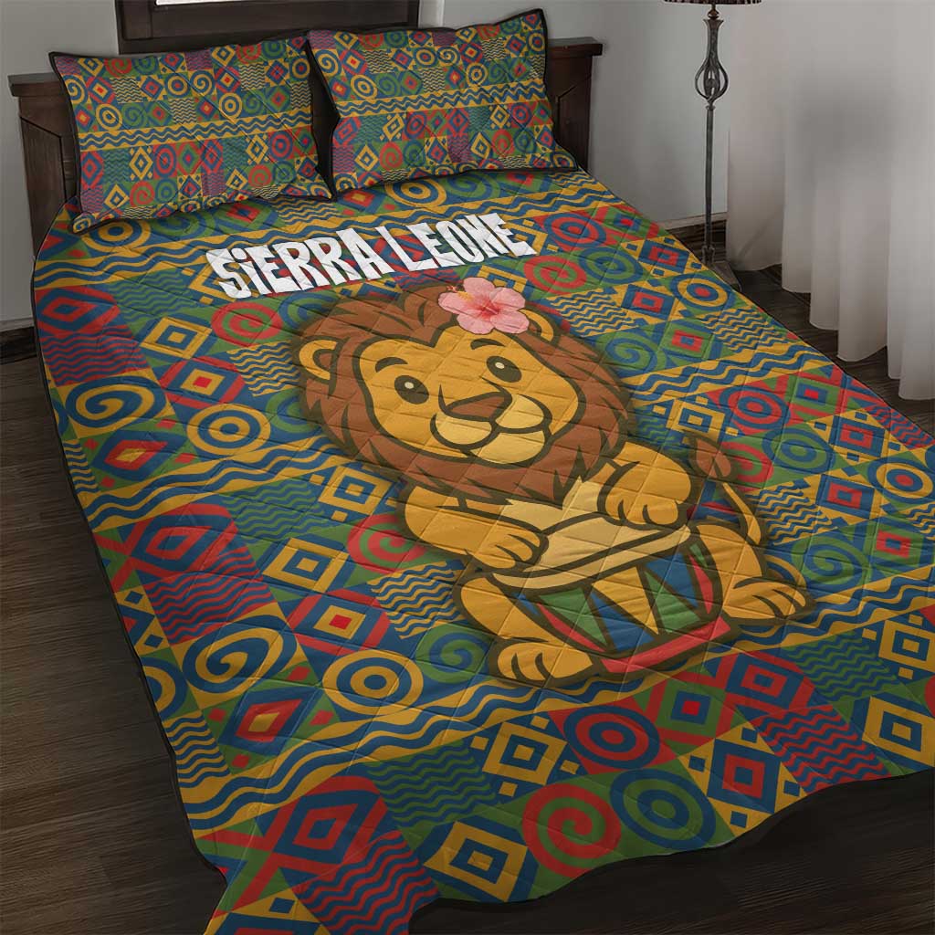 Sierra Leone Quilt Bed Set - Cute Lion Playing Djembe Drum and Tribal Pattern Design TS04
