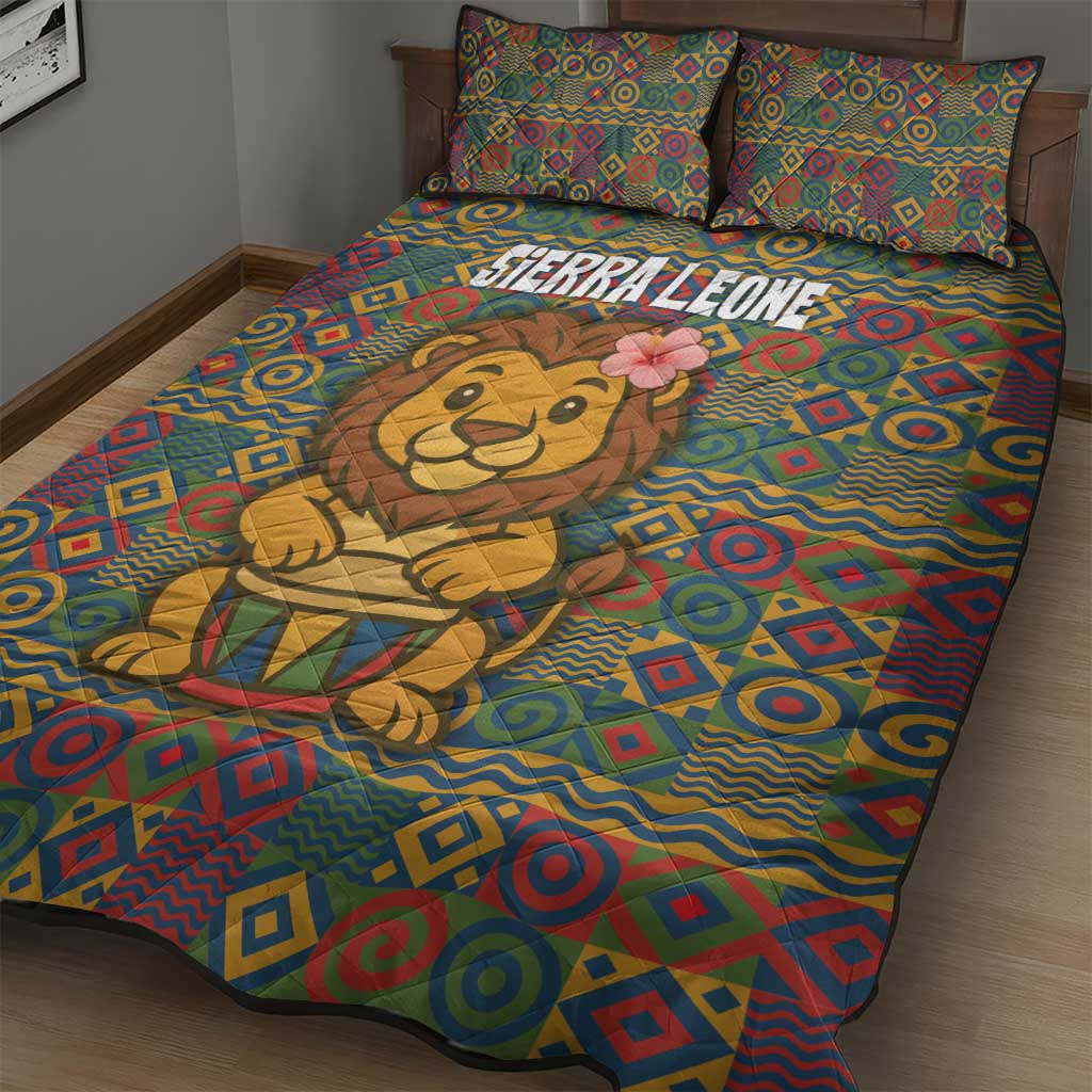Sierra Leone Quilt Bed Set - Cute Lion Playing Djembe Drum and Tribal Pattern Design TS04