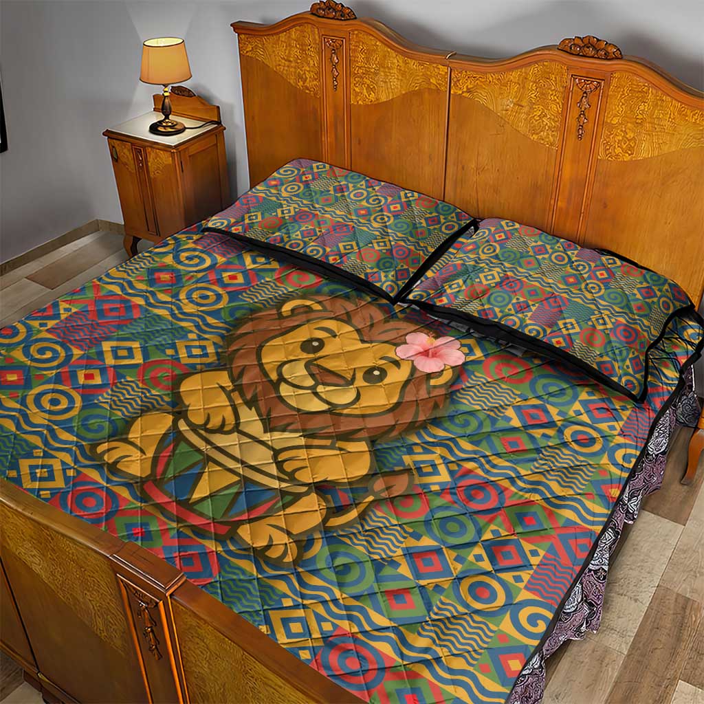 Sierra Leone Quilt Bed Set - Cute Lion Playing Djembe Drum and Tribal Pattern Design TS04