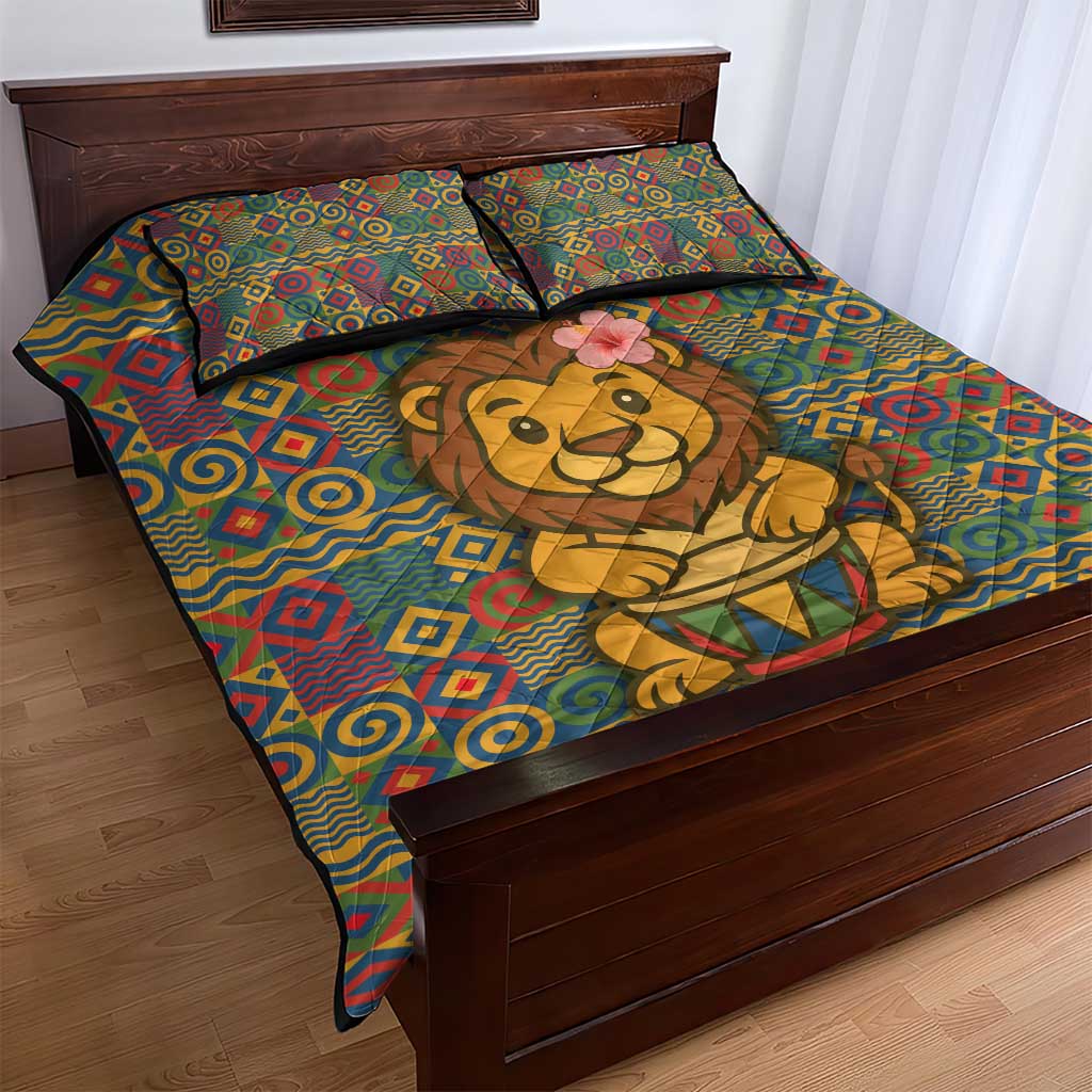 Sierra Leone Quilt Bed Set - Cute Lion Playing Djembe Drum and Tribal Pattern Design TS04