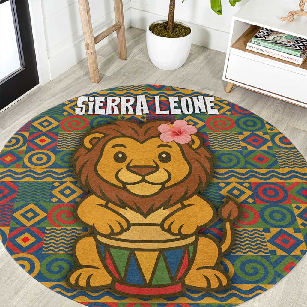 Sierra Leone Round Carpet - Cute Lion Playing Djembe Drum and Tribal Pattern Design TS04