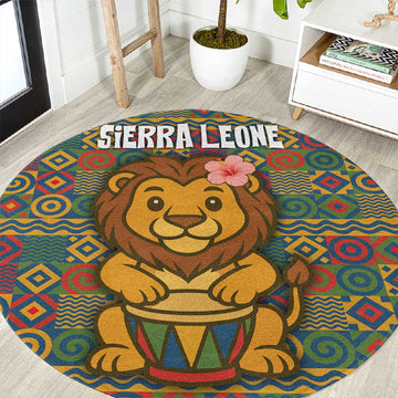 Sierra Leone Round Carpet - Cute Lion Playing Djembe Drum and Tribal Pattern Design TS04