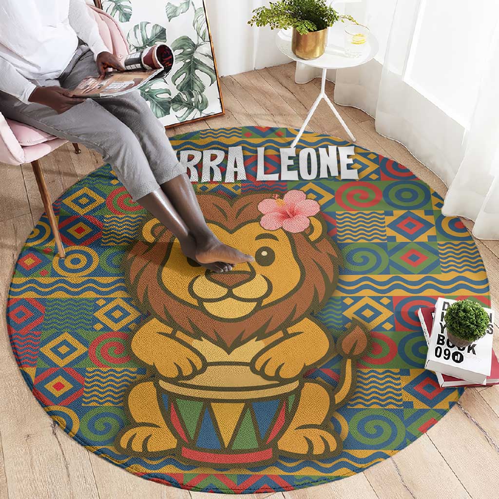 Sierra Leone Round Carpet - Cute Lion Playing Djembe Drum and Tribal Pattern Design TS04