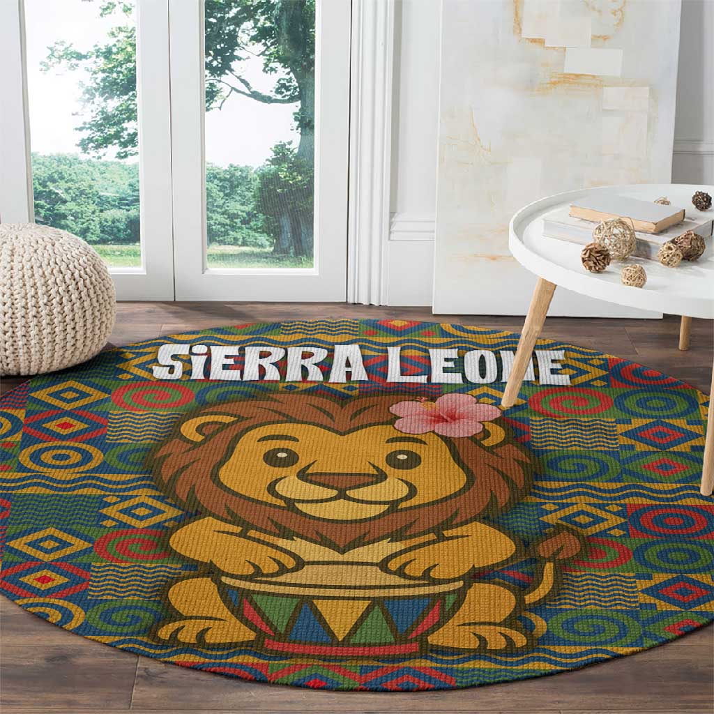 Sierra Leone Round Carpet - Cute Lion Playing Djembe Drum and Tribal Pattern Design TS04