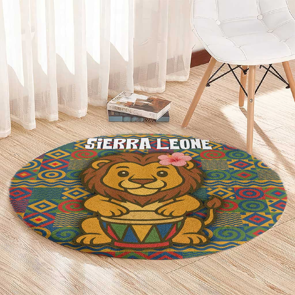 Sierra Leone Round Carpet - Cute Lion Playing Djembe Drum and Tribal Pattern Design TS04