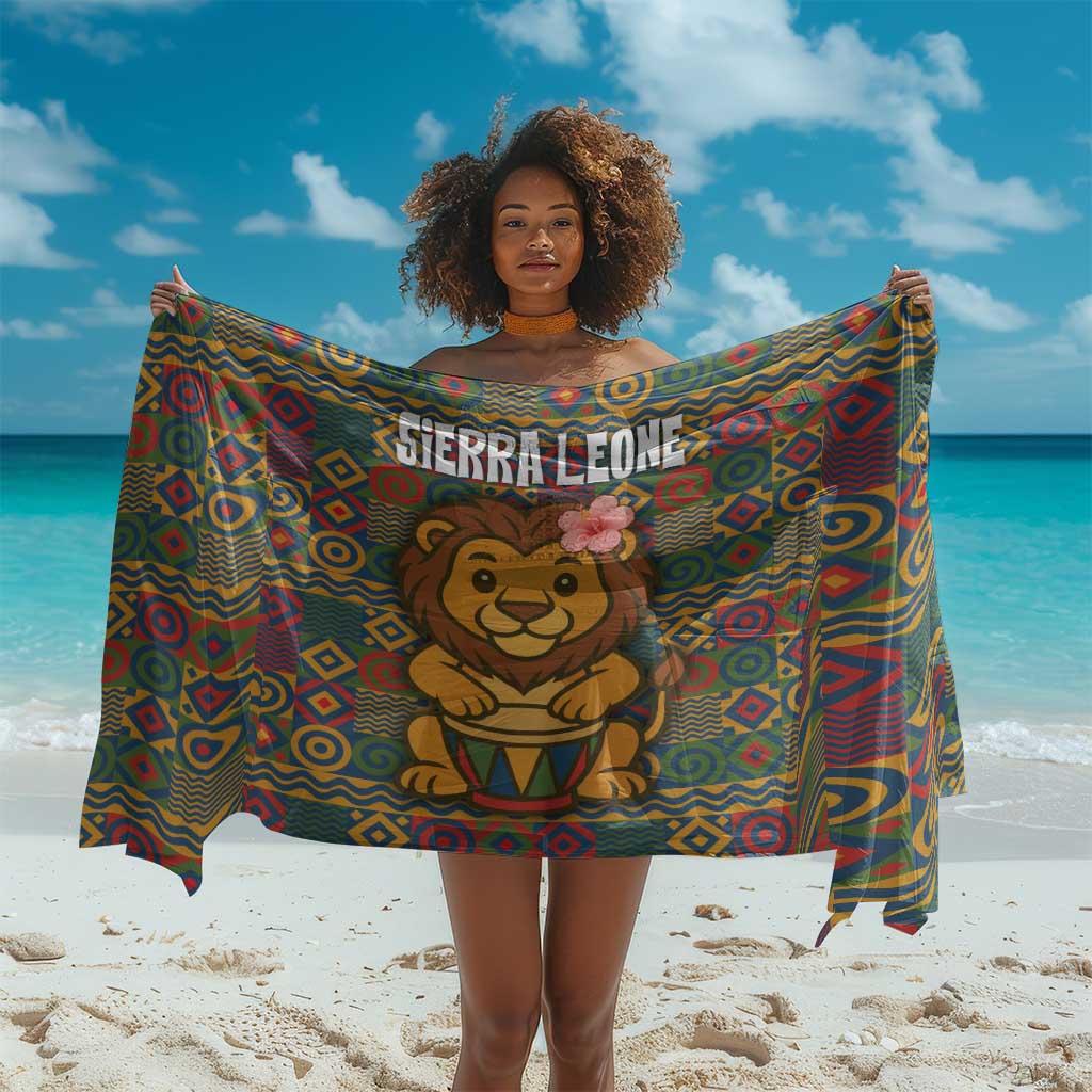Sierra Leone Sarong - Cute Lion Playing Djembe Drum and Tribal Pattern Design TS04