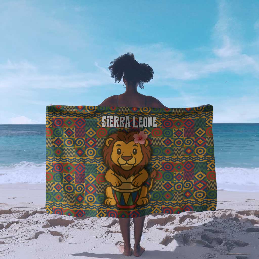 Sierra Leone Sarong - Cute Lion Playing Djembe Drum and Tribal Pattern Design TS04
