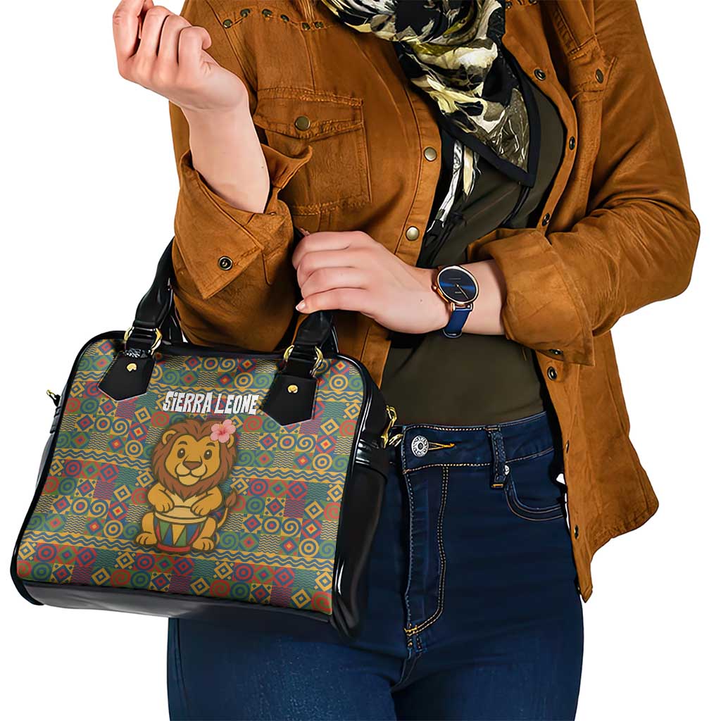 Sierra Leone Shoulder Handbag with Cute Lion Playing Djembe Drum and Tribal Pattern Design TS04