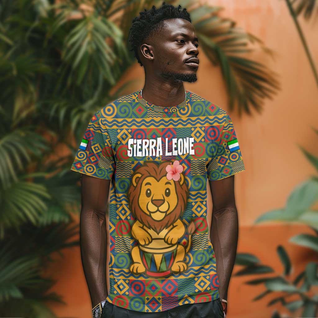 Sierra Leone T shirt - Cute Lion Playing Djembe Drum and Tribal Pattern Design TS04