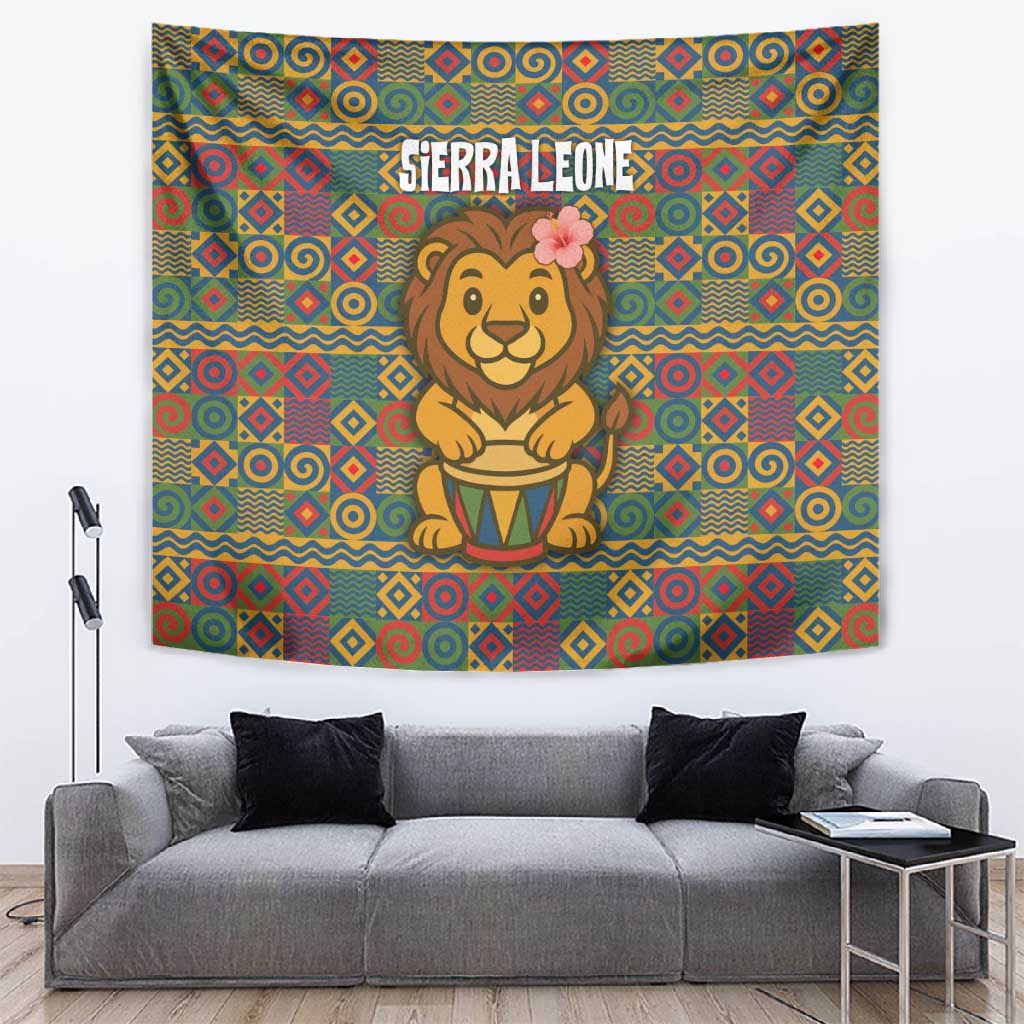 Sierra Leone Tapestry - Cute Lion Playing Djembe Drum and Tribal Pattern Design TS04