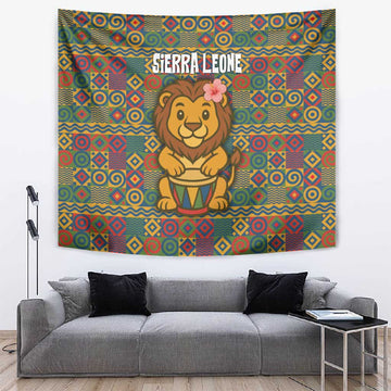 Sierra Leone Tapestry - Cute Lion Playing Djembe Drum and Tribal Pattern Design TS04