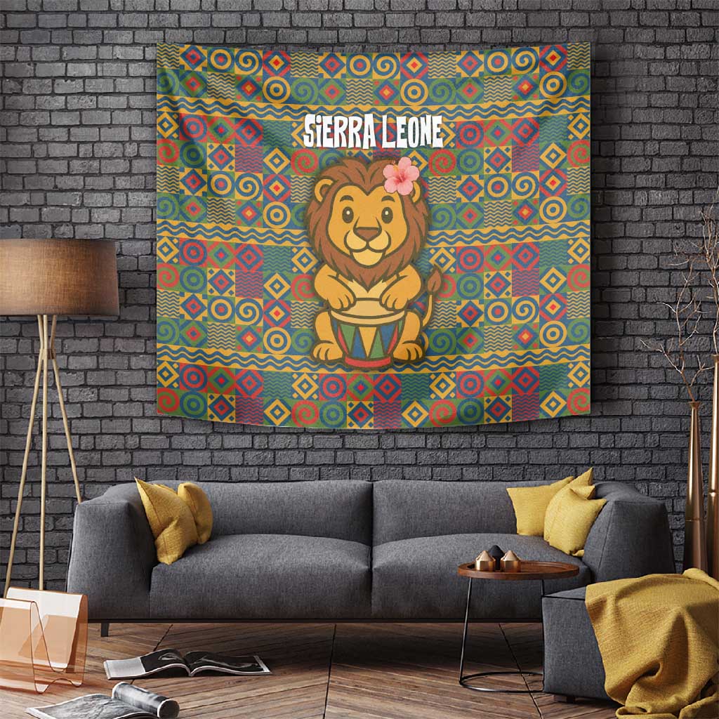 Sierra Leone Tapestry - Cute Lion Playing Djembe Drum and Tribal Pattern Design TS04